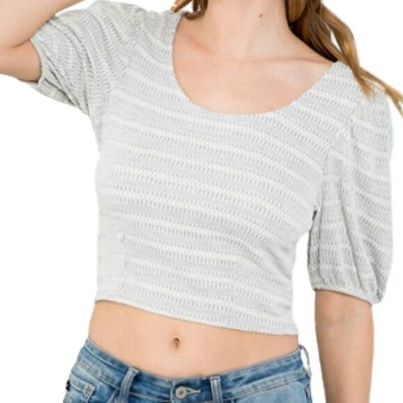Black Friday Deals ◇ Juniors Casual Light Grey Crop Top with Puff Sleeve S, M, L - Picture 2 of 7